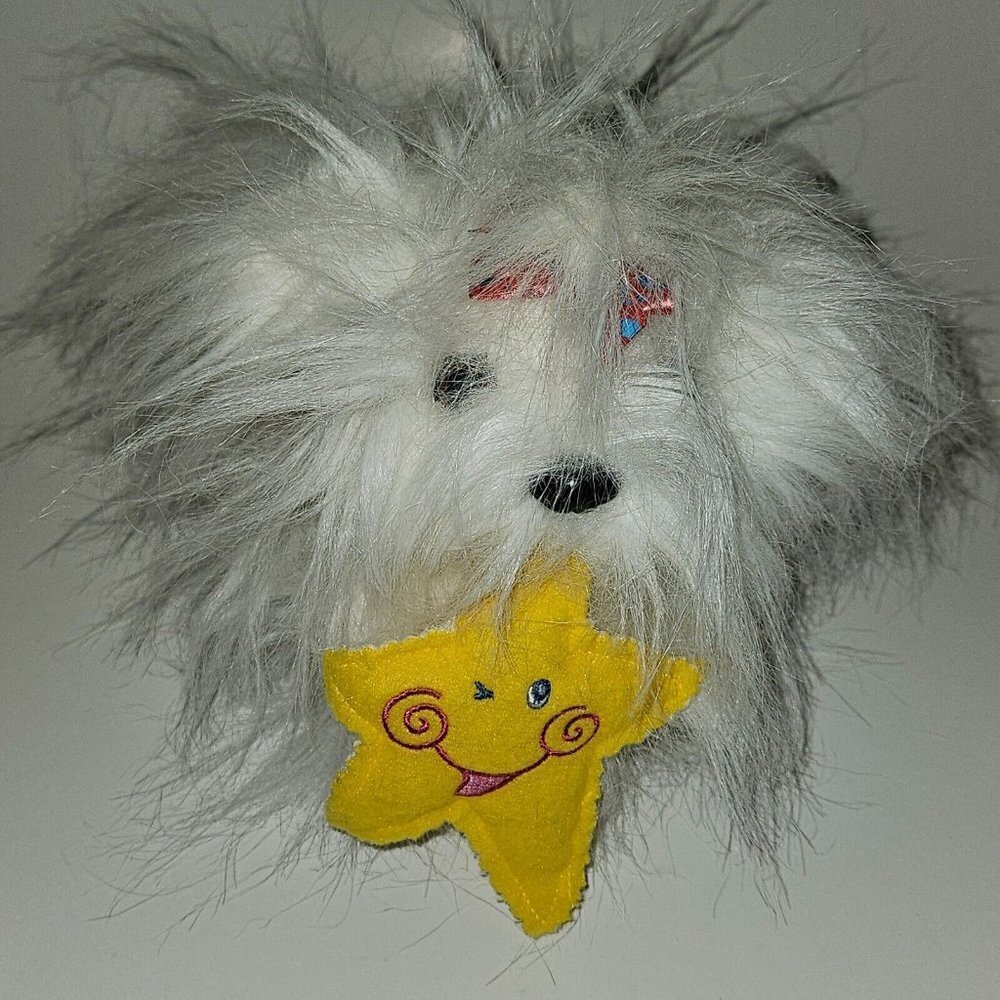 Dan Dee White Shaggy Dog Plush Stuffed Toy Pink Blue Bow Yellow Winking Star